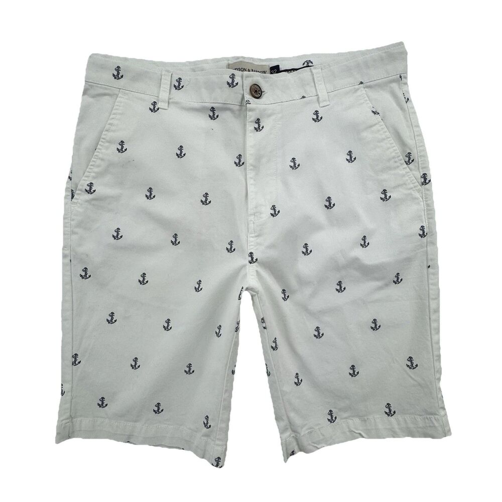 Hudson & Barrow Anchor Print Shorts Men’s 32 White Nautical Chino Stretch